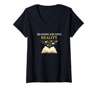 Women's Book Lover Reading Escapes Reality Library V-Neck T-Shirt