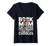 Women's Book Mom Cat Lover Cozy Reads and Cat Cuddles V-Neck T-Shirt