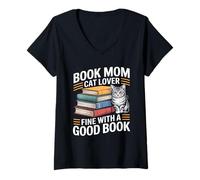 Women's Book Mom Cat Lover Fine with A Good Book Reading V-Neck T-Shirt