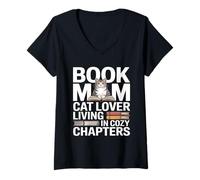 Women's Book Mom Cat Lover Living in Cozy Chapters V-Neck T-Shirt