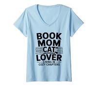 Women's Book Mom Cat Lover Living in Cozy Chapters V-Neck T-Shirt