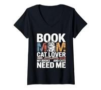 Women's Book Mom Cat Lover My Books and Cats Need Me V-Neck T-Shirt