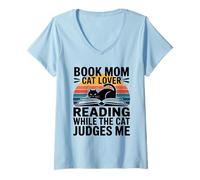 Women's Book Mom Cat Lover Reading While The Cat Judges Me V-Neck T-Shirt
