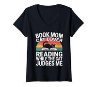 Women's Book Mom Cat Lover Reading While The Cat Judges Me V-Neck T-Shirt