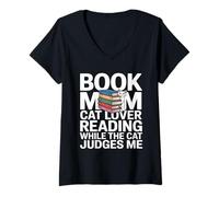 Women's Book Mom Cat Lover Reading While The Cat Judges Me V-Neck T-Shirt