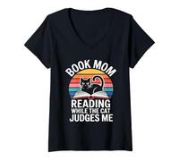 Women's Book Mom Cat Lover Reading While The Cat Judges Me V-Neck T-Shirt