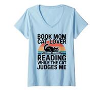 Women's Book Mom Cat Lover Reading While The Cat Judges Me V-Neck T-Shirt
