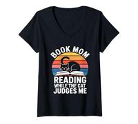 Women's Book Mom Cat Lover Reading While The Cat Judges Me V-Neck T-Shirt