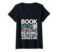 Women's Book Mom Cat Lover Reading While The Cat Judges Me V-Neck T-Shirt