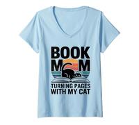 Women's Book Mom Cat Lover Turning Pages with My Cat V-Neck T-Shirt