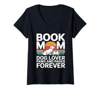 Women's Book Mom Dog Lover Paws and Pages Forever V-Neck T-Shirt