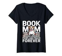 Women's Book Mom Dog Lover Paws and Pages Forever V-Neck T-Shirt