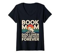 Women's Book Mom Dog Lover Paws and Pages Forever V-Neck T-Shirt