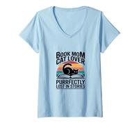 Women's Book Mom Purrfectly Lost in Stories Cat Reading V-Neck T-Shirt