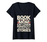 Women's Book Mom Purrfectly Lost in Stories Cat Reading V-Neck T-Shirt