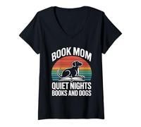 Women's Book Mom Quiet Nights Books and Dogs V-Neck T-Shirt