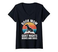 Women's Book Mom Quiet Nights Books and Dogs V-Neck T-Shirt