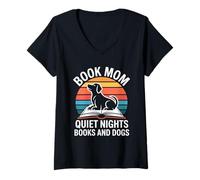 Women's Book Mom Quiet Nights Books and Dogs V-Neck T-Shirt