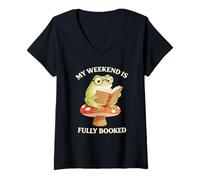 Women's Book My Weekend is Fully Booked Frog Reading Cottagecore V-Neck T-Shirt
