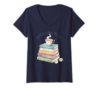 Women's Booked and Busy Book Stack Reader Tea Coffee Bibliophile V-Neck T-Shirt