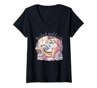 Women's Booked and Cozy Cat Reading Bookworm Feline Reader V-Neck T-Shirt