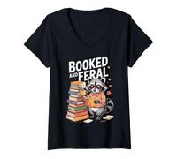 Women's Booked and Feral Cute Raccoon Reading Librarian Nerd Bookish V-Neck T-Shirt