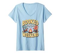 Women's Booked for the Weekend Campfire Reading Roasting Marshmallow V-Neck T-Shirt