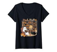 Womens Bookish Ghost Book Lover Reading with Cat Spooky Season V-Neck T-Shirt