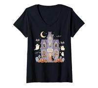 Womens Bookish Ghost Haunted Bookstore Cat Bookworm Book Lover V-Neck T-Shirt