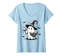 Womens Bookish Ghost Witch Hat Reading Book Nerd Bookworm Literary V-Neck T-Shirt