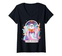 Womens Bookish Tarot The Reader Ghost Book Lover Spooky Season V-Neck T-Shirt