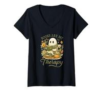 Womens Books are My Therapy Cute Ghost Halloween Reader V-Neck T-Shirt