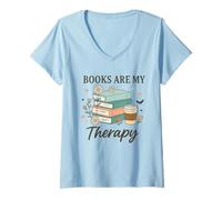 Womens Books are My Therapy Reading Lovers Coffee Fans Relaxation V-Neck T-Shirt