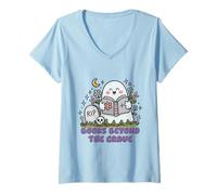 Womens Books Beyond The Grave Shirt Ghost Reading Flowers Halloween V-Neck T-Shirt