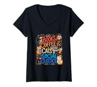 Women's Books Coffee Cats and Social Justice V-Neck T-Shirt