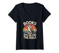 Womens Books Give Me Owl The Feels Retro Owl Books V-Neck T-Shirt