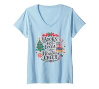 Womens Books Hot Cocoa and Christmas Cheer X-mas Book Lover Tee V-Neck T-Shirt