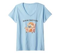 Women's BOOKTROVERT Cute Cat with Tea, Cozy Sweater, and Book V-Neck T-Shirt