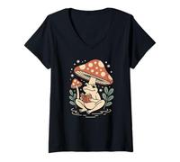 Women's Bookworm Frog Relaxes in the Forest Next to Tiny Mushrooms V-Neck T-Shirt