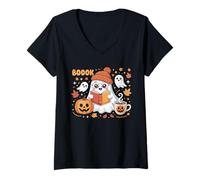 Womens Boook Boo Reading Book Halloween Bookworm Carved Pumpkin V-Neck T-Shirt
