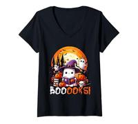Womens Booooks Cute Boo Ghost As Witch Reading Books Halloween V-Neck T-Shirt