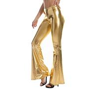 Women's Bootcut Flare Sequin Pants Sparkly Elasticated High Waisted Leg Bell Bottom Glitter Trousers Shiny Metallic Palazzo Leggings 70s Disco Wide Leg Pant Party Dance Night Out Clubwear Yellow