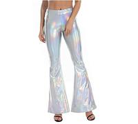 Women's Bootcut Flare Sequin Pants Sparkly Elasticated High Waisted Leg Bell Bottom Glitter Trousers Shiny Metallic Palazzo Leggings 70s Disco Wide Leg Pant Party Dance Night Out Clubwear White