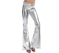 Women's Bootcut Flare Sequin Pants Sparkly Elasticated High Waisted Leg Bell Bottom Glitter Trousers Shiny Metallic Palazzo Leggings 70s Disco Wide Leg Pant Party Dance Night Out Clubwear Silver