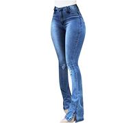 Women's Bootcut Jeans High Waist Button Down Ripped Denim Pants Stretchy Skinnny Casual Long Flare Trousers with Pockets Ladies Vintage Streetwear Slim Fit Denim Jeggings