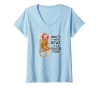 Womens Boots and Bows Cowgirl Thing Western Pink Bow Graphic V-Neck T-Shirt