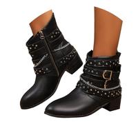 Women's Boots Goth Ankle Boots Cowboy Motorcycle Leather Shoes Steampunk Block Low Heel Winter Shoes Fashion Studded Buckle Ankle Strappy Punk Booties Pointed Toe Motorcycle Short Boot (5.5)