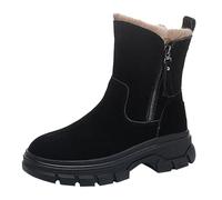 Women's Boots Leather Block Heel Winter Lined Spring and Autumn Fashion Thick Boots Velvet Zip Middle Tube Flat Non-Slip Thick Cotton Shoes Mid Tube Boots, black, 8 UK