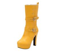Women's Boots Mid Calf High Chunky Heel Slip On Ankle Booties Platform Comfort Cross Strap Round Toe Side Zip Up Booties with Buckle Strap Ladies Fashion Casual Waterproof Shoes Riding Boots