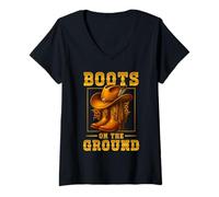 Womens Boots On The Ground Cowboy Boots Western Country Style V-Neck T-Shirt